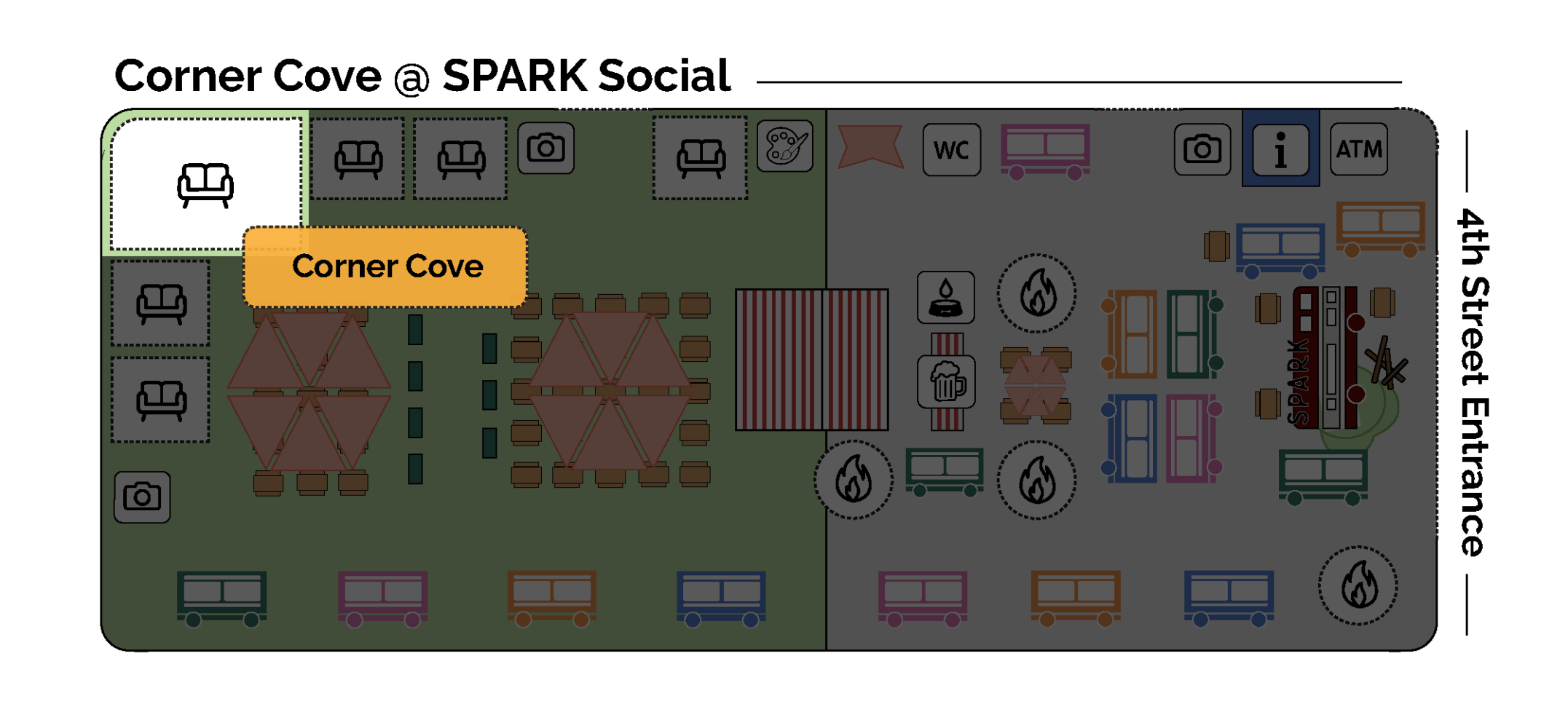 Map of SPARK Social, featuring Corner Cove seating and food trucks.