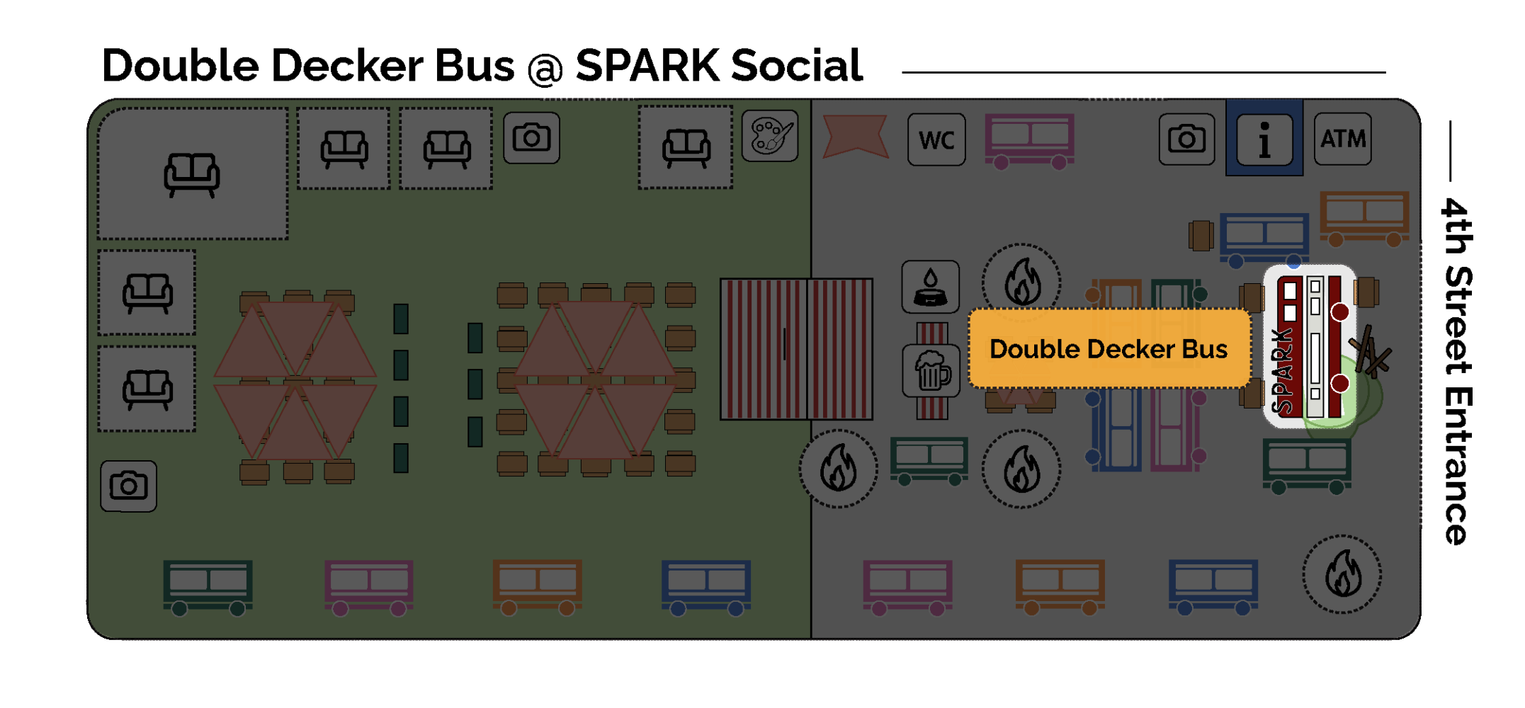 Map of SPARK Social featuring a Double Decker Bus and various seating areas.