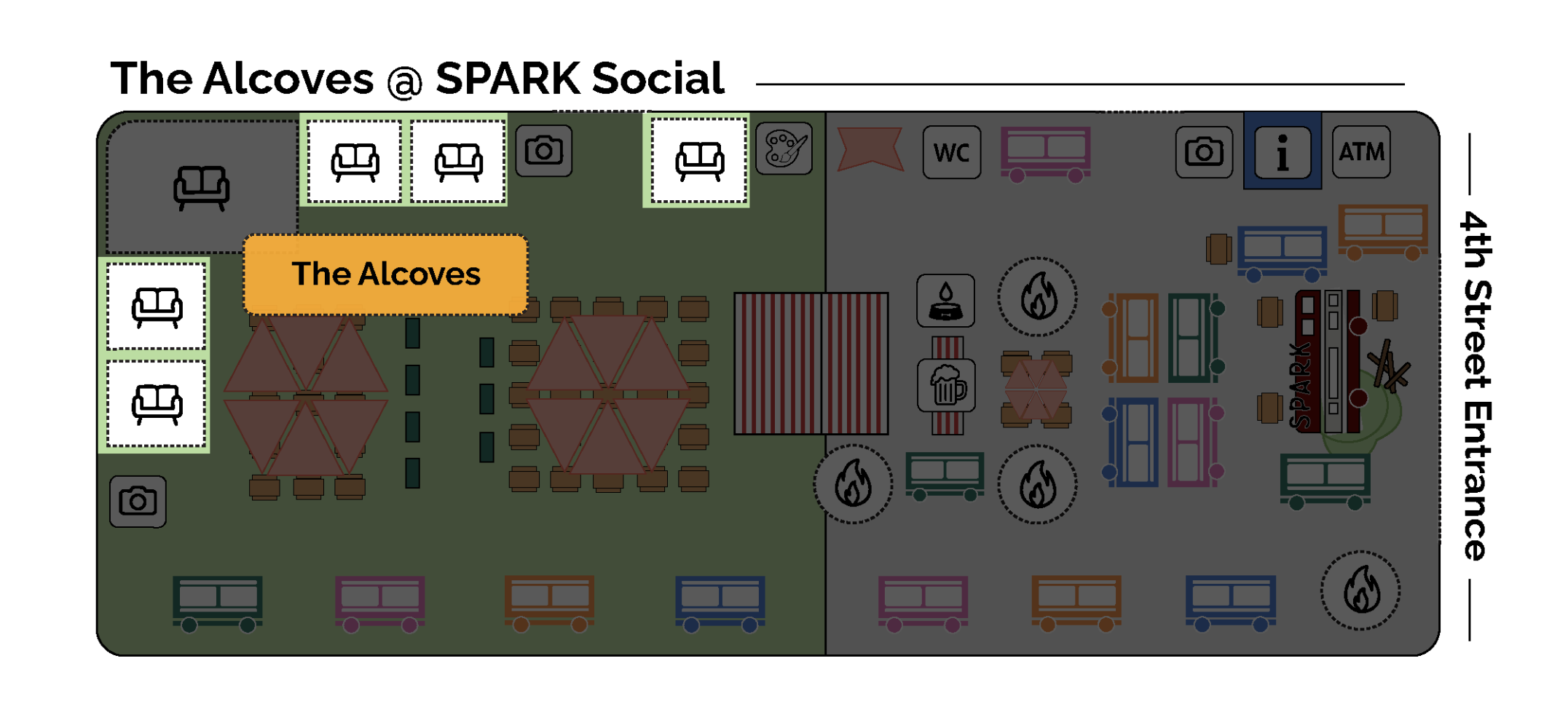 Map of The Alcoves @ SPARK Social with labeled seating and facilities.