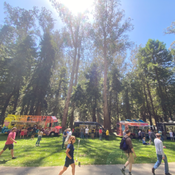 a group of people walking across a grass covered field