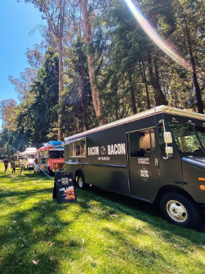 a truck is parked in the grass