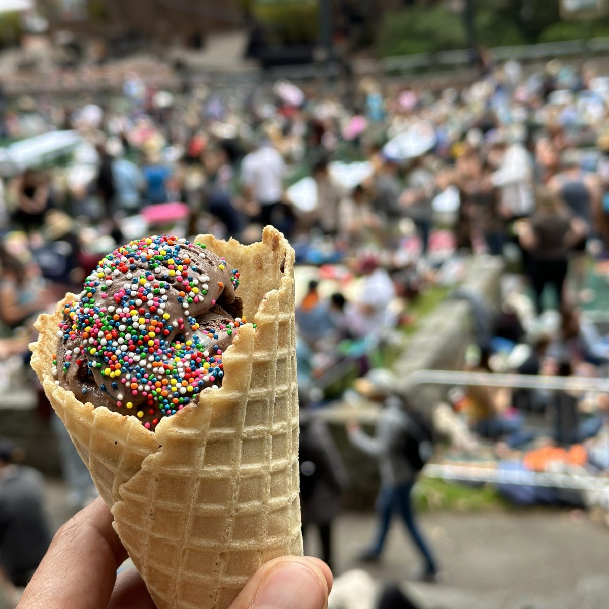 a hand holding an ice cream cone in front of a crowd