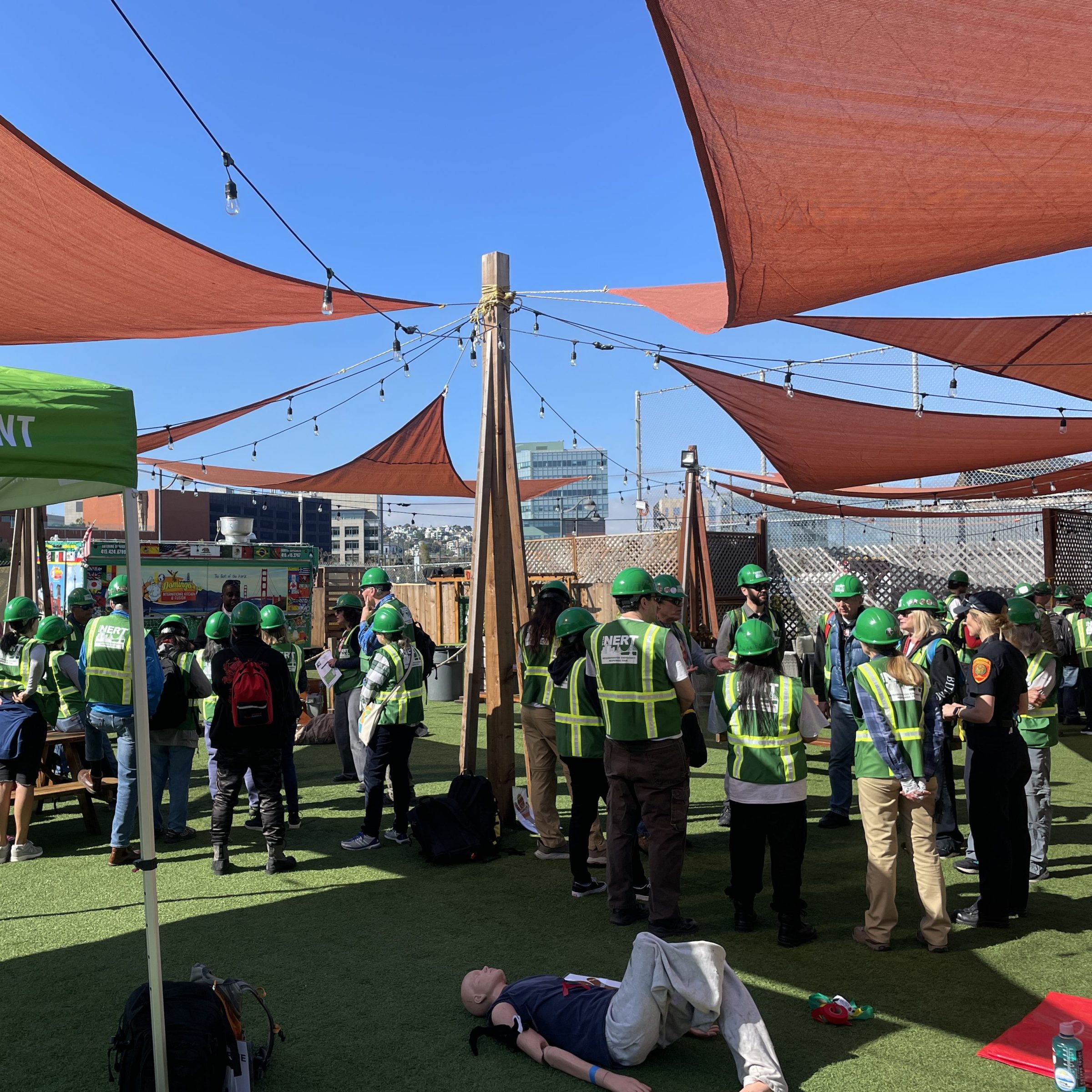volunteers practicing fire safety drills