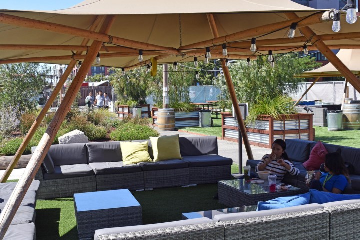 a group of people sitting at a picnic table