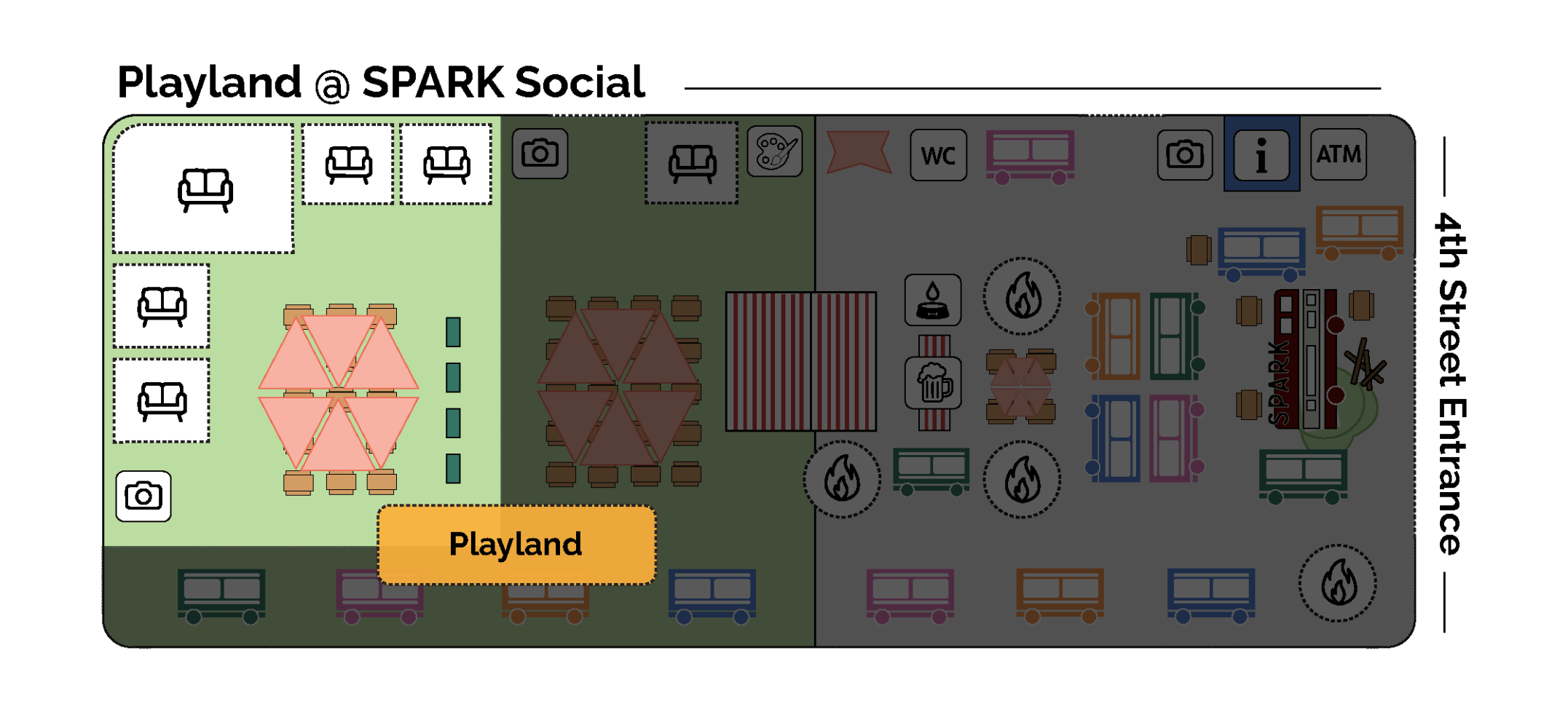 Map of Playland @ SPARK Social showing seating, food trucks, and entrance on 4th Street.