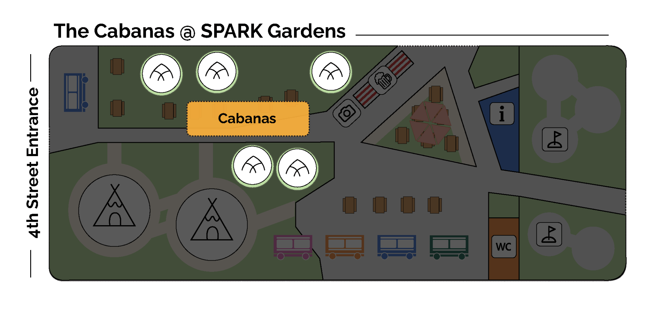 Map of The Cabanas at SPARK Gardens with tents, picnic areas, and restroom.