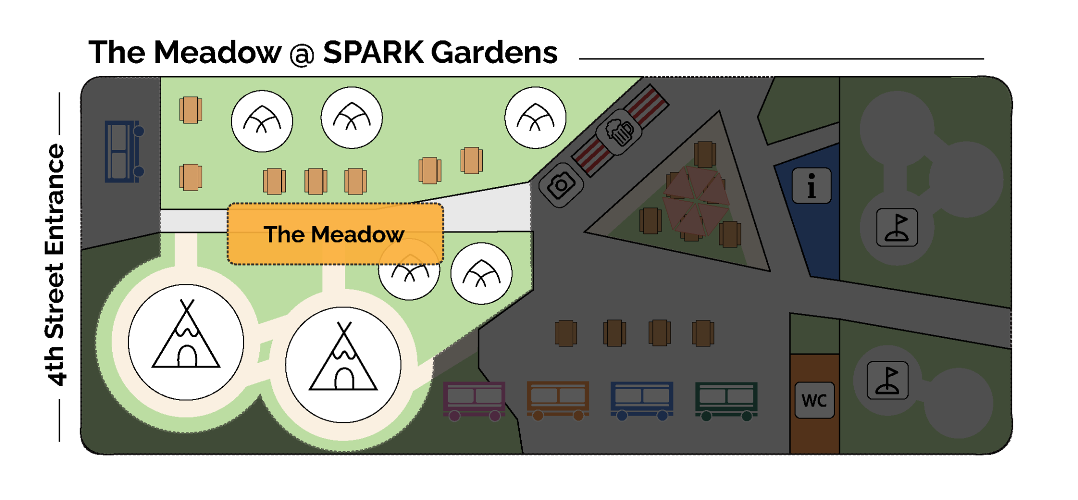 Map of The Meadow @ SPARK Gardens with tents, tables, entrance, WC, and icons for facilities.
