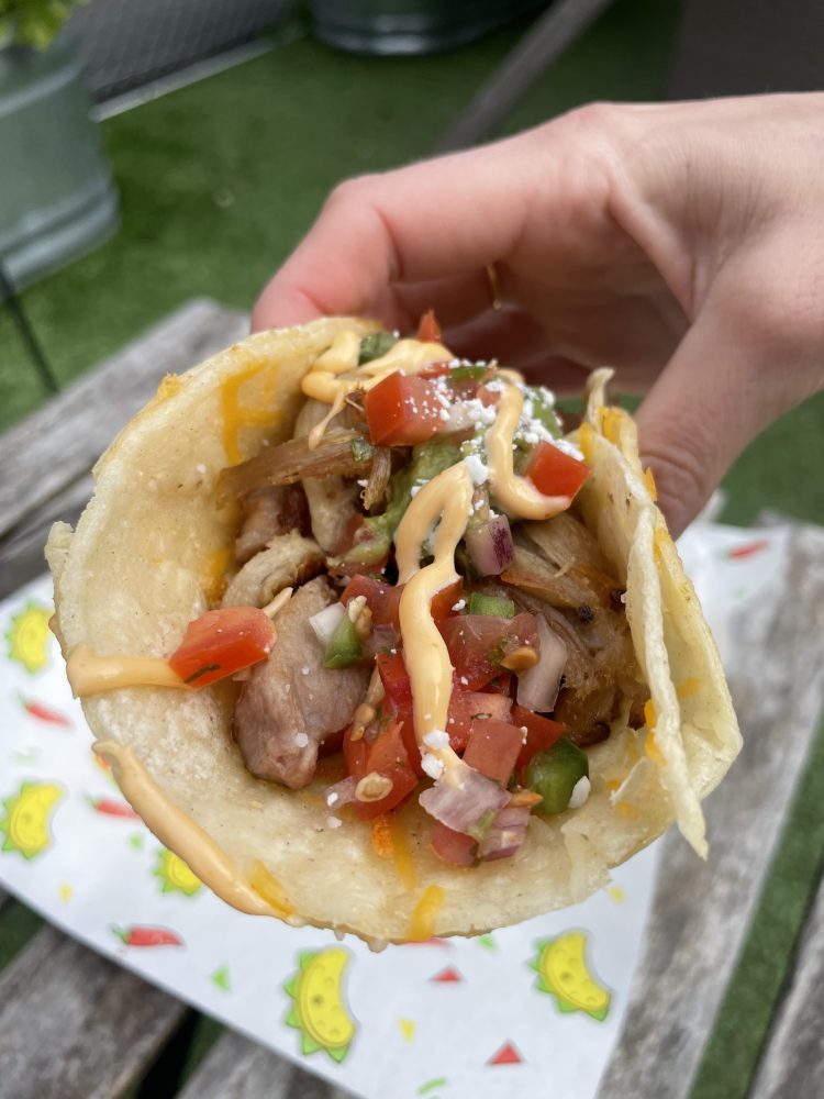 a close up of a person holding a TACO