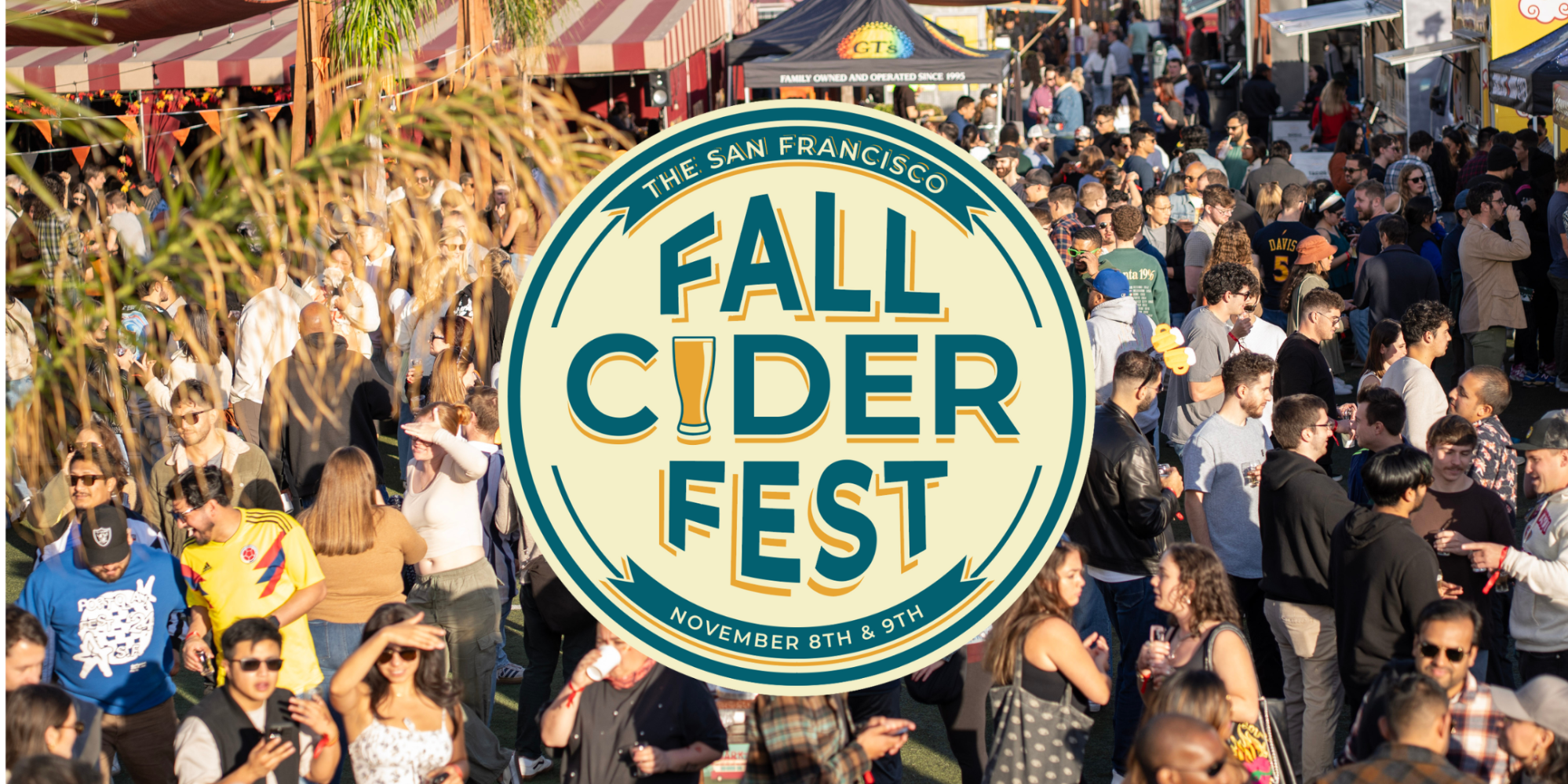 Crowded outdoor festival scene with a large 'Fall Cider Fest' sign in the center.