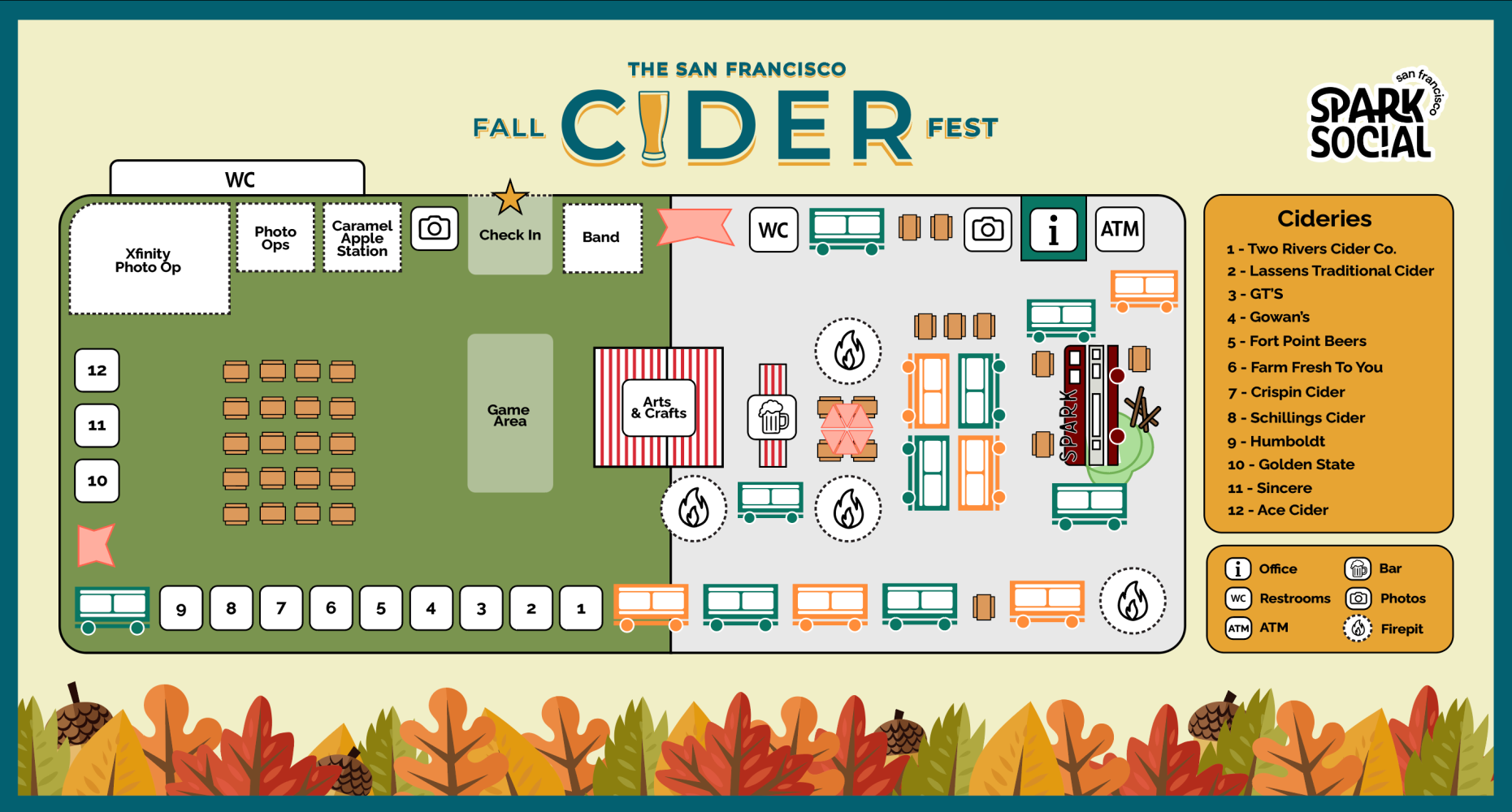 Map of San Francisco Fall Cider Fest with booths, game area, and seating layout.