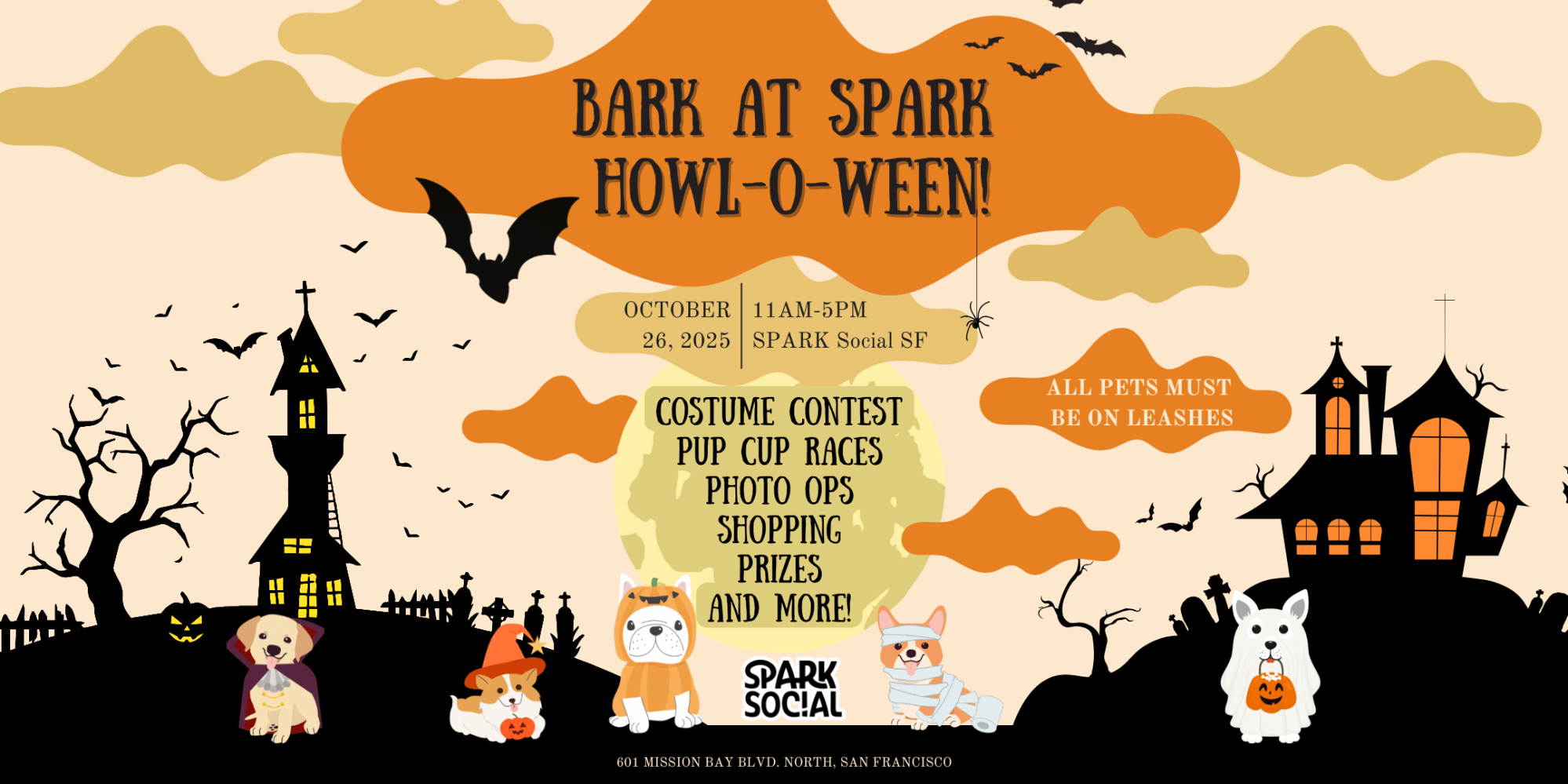 Halloween event poster with dogs in costumes, haunted house, bats, and event details for Bark at Spark Howl-O-Ween.