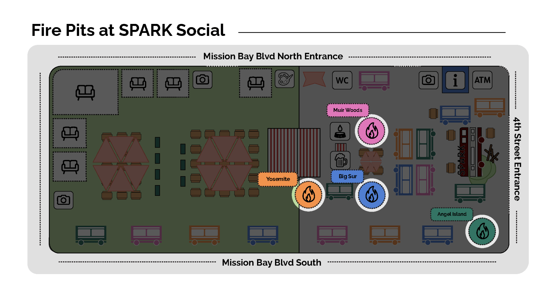 Map of SPARK Social with fire pit locations labeled Yosemite, Big Sur, Muir Woods, and Angel Island.