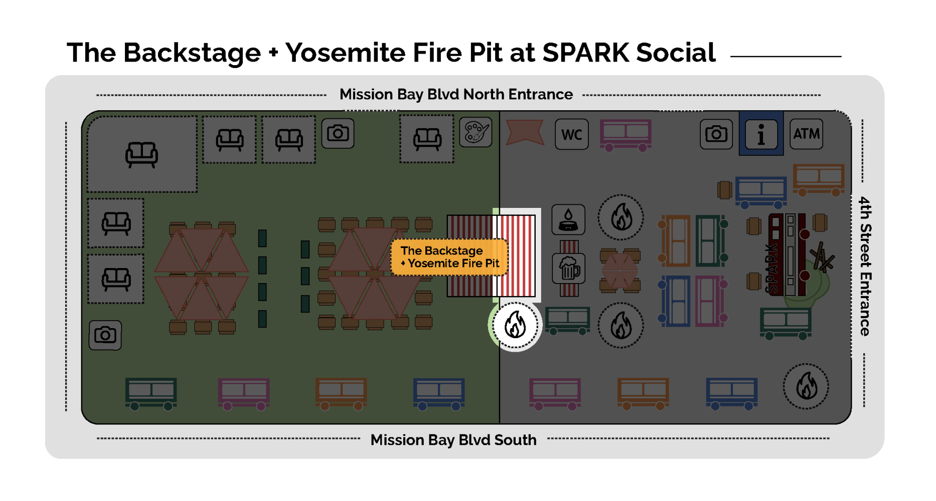 Map of SPARK Social layout with labeled entrances and fire pit area.