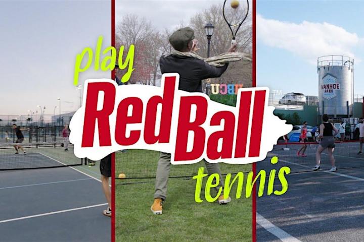 Collage of people playing tennis with text 'Play RedBall Tennis' overlaid.