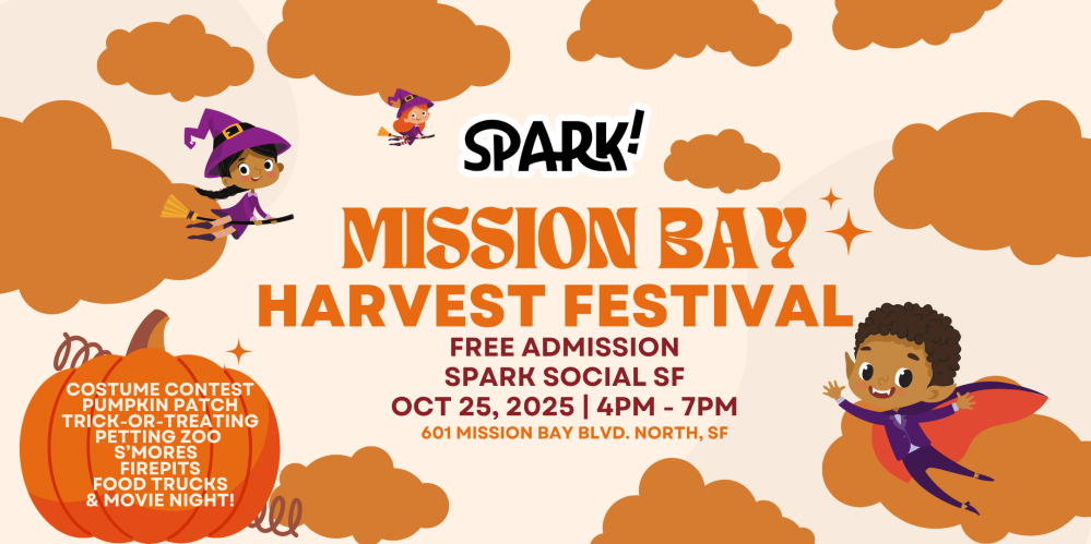 Mission Bay Harvest Festival poster with event details and kids in costumes against an autumn-themed background.