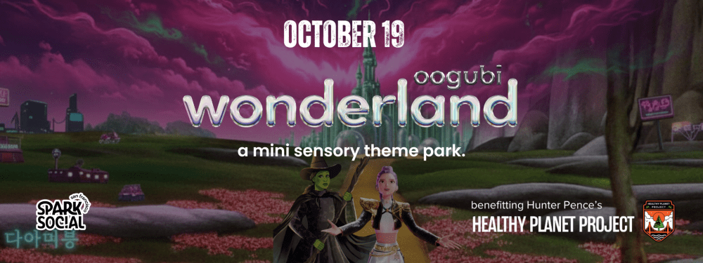Fantasy theme park event promo with two costumed characters, set in a magical land, date October 19.