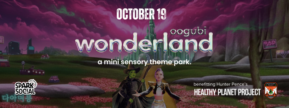 Fantasy theme park event promo with two costumed characters, set in a magical land, date October 19.