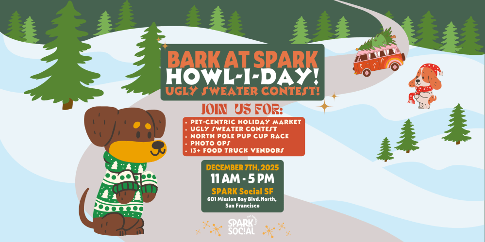 Event flyer: Bark at Spark Howl-i-day with cartoon dogs, details of holiday market, sweater contest, and food trucks.