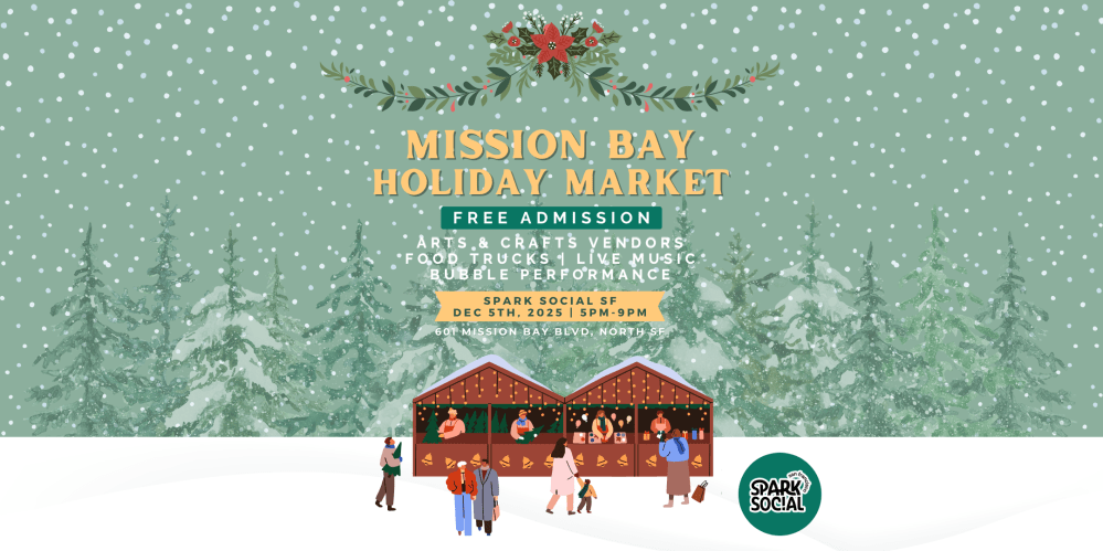 Holiday market flyer with snowy background and people near stalls, text details event info.