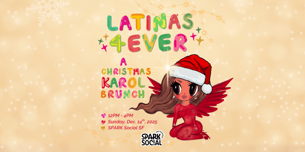 Colorful event flyer for 'Latinas 4Ever' Christmas brunch with cartoon angel in Santa hat.