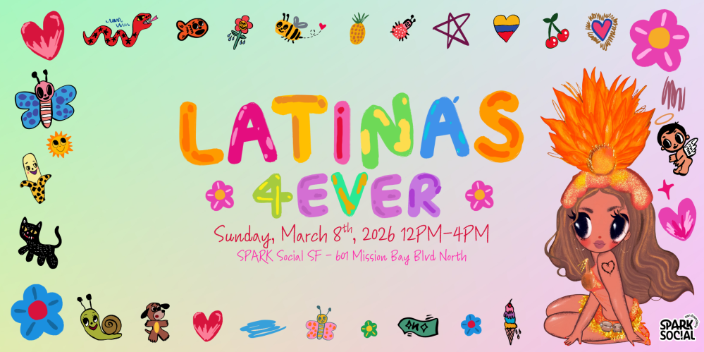 Colorful 'Latinas 4Ever' poster with doodles and a woman in a feathered headpiece on a gradient background.