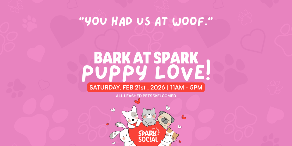 Pink flyer for 'Bark at Spark: Puppy Love!' event, Feb 21st, 2026, featuring cartoon pets.