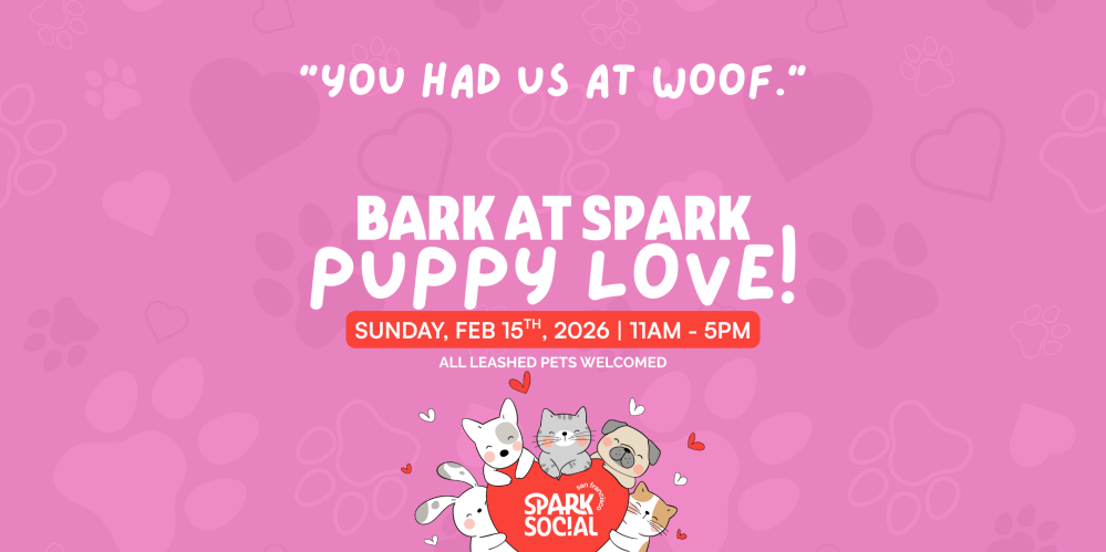 Pink poster for 'Bark at Spark: Puppy Love' event on Feb 15, 2026, featuring cartoon dogs and cats.