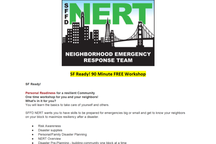 SFFD NERT invites to free 90-minute workshop on disaster readiness and community resilience.