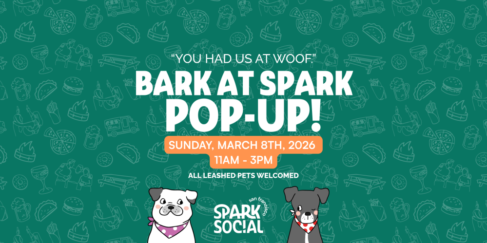 Event poster for 'Bark at Spark' on March 8, 2026, with cartoon dogs on teal background.