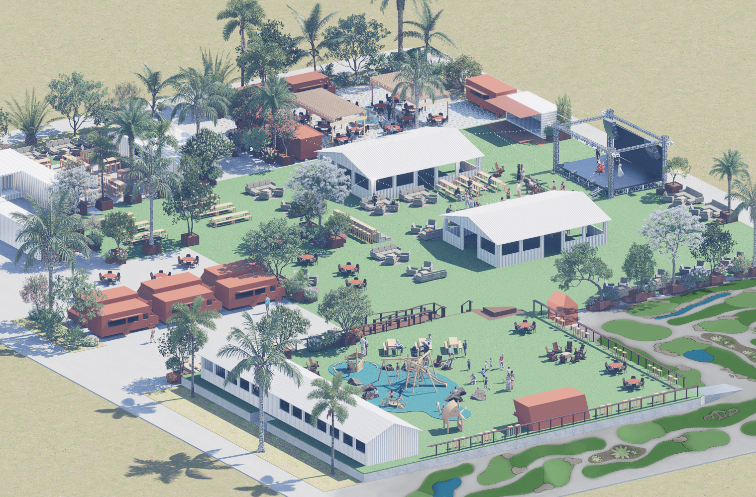 Aerial view of a leisure park with playground, stage, trees, and seating areas.