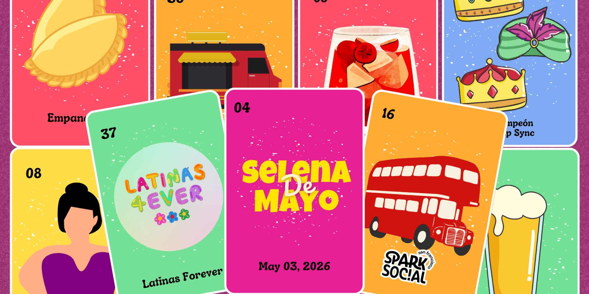 Colorful cards with food, drinks, text, and a bus, featuring 'Selena de Mayo' and other festive designs.