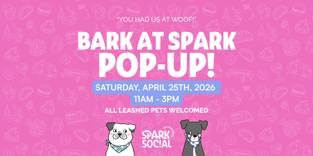 Bark at Spark Pop-Up event poster with cartoon dogs, date April 25th, 2026, pink background.