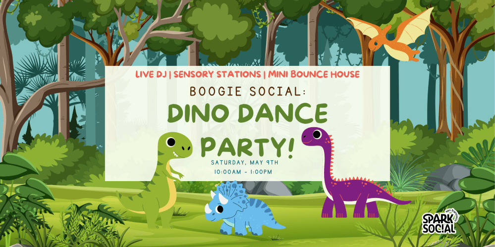 Colorful dinosaur-themed party banner with event details in a jungle setting.
