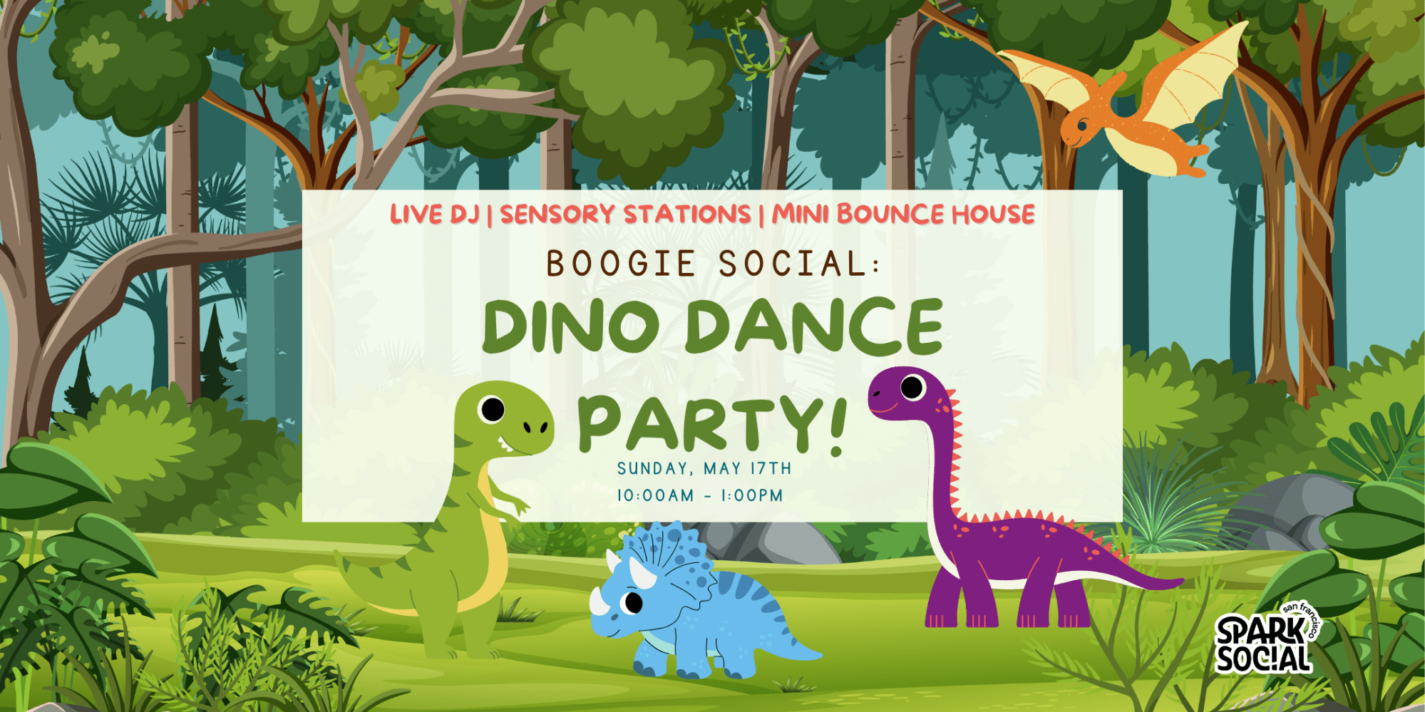 Colorful dinosaur-themed dance party flyer with trees and event details on May 17th.