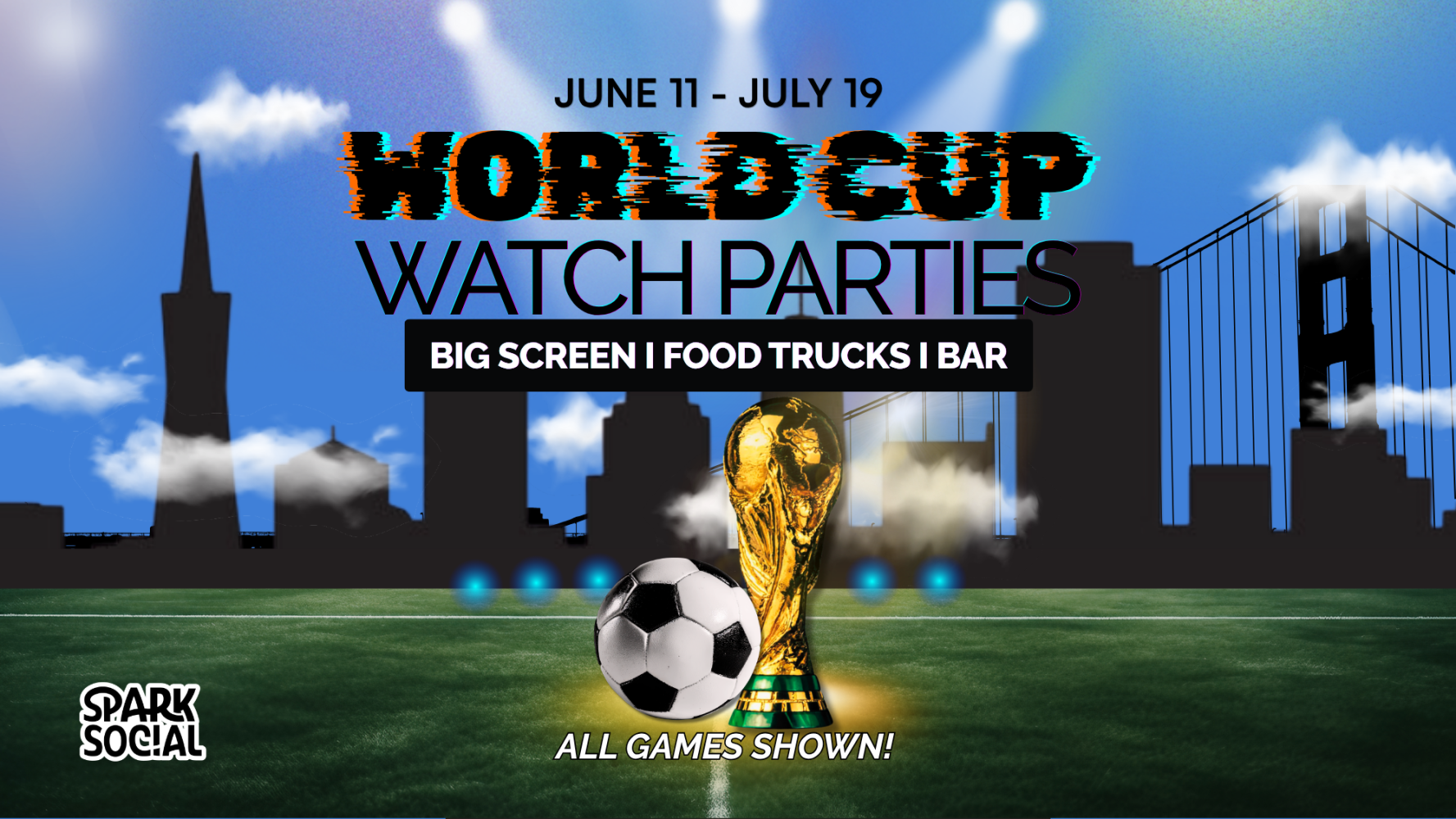 World Cup watch parties poster with trophy, soccer ball, city skyline.