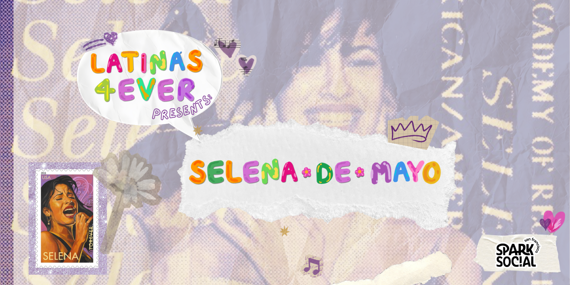 Colorful flyer with 'Selena de Mayo' and 'Latinas 4Ever' text and decorative elements.