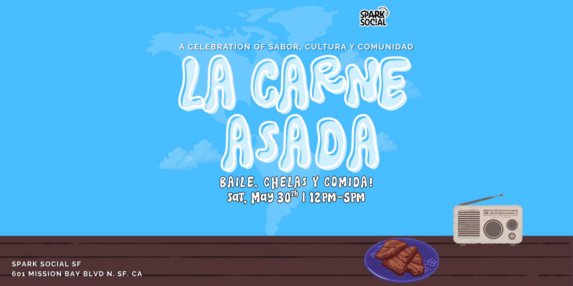 La Carne Asada event poster with date, grill, and radio on table.