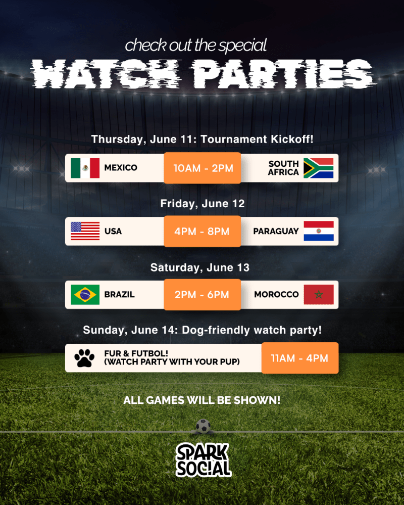 Schedule for Spark Social watch parties with country flags and event times.